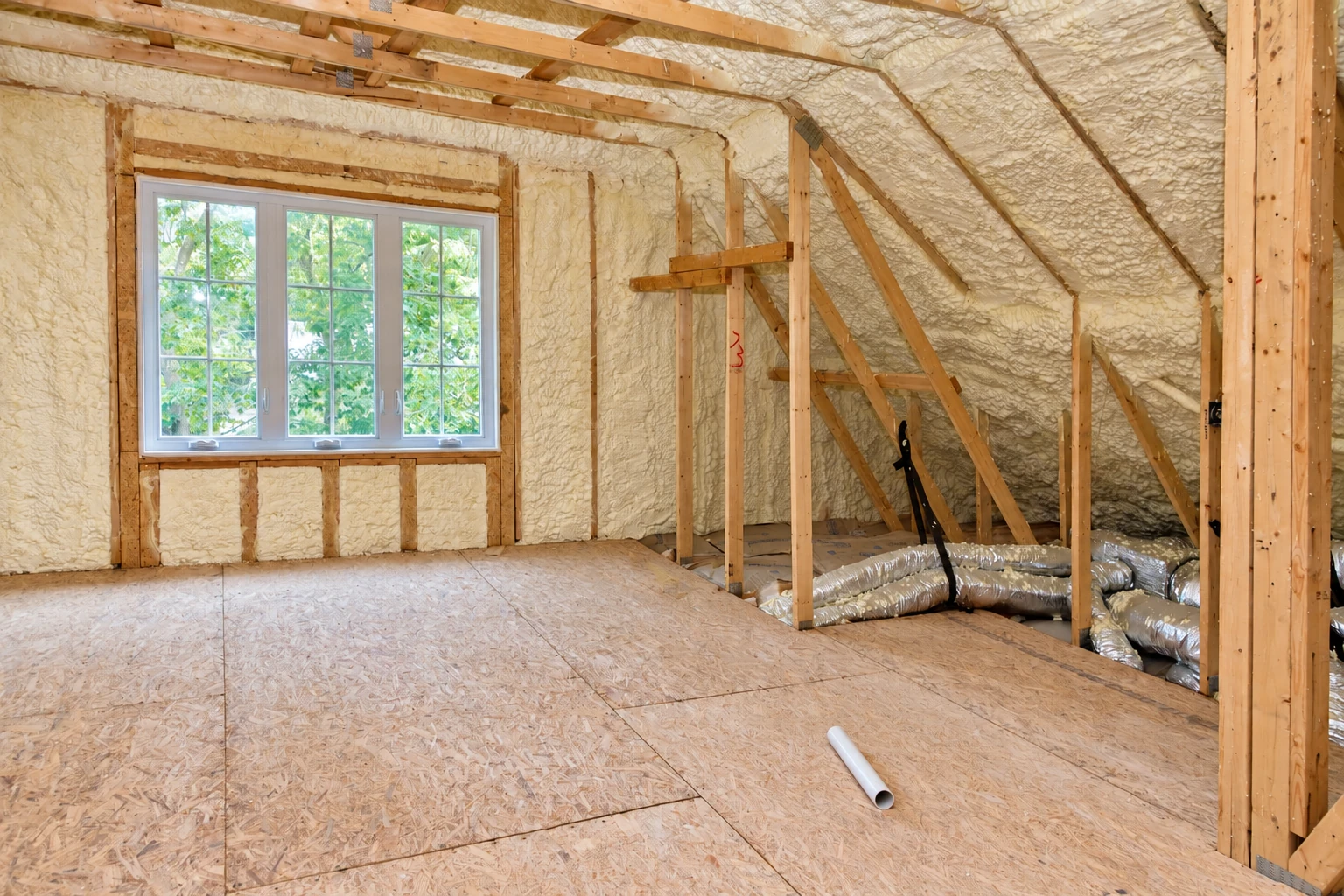 Attic with spray foam covering the walls and sloped ceiling, a window, exposed framing, and floor ducts.