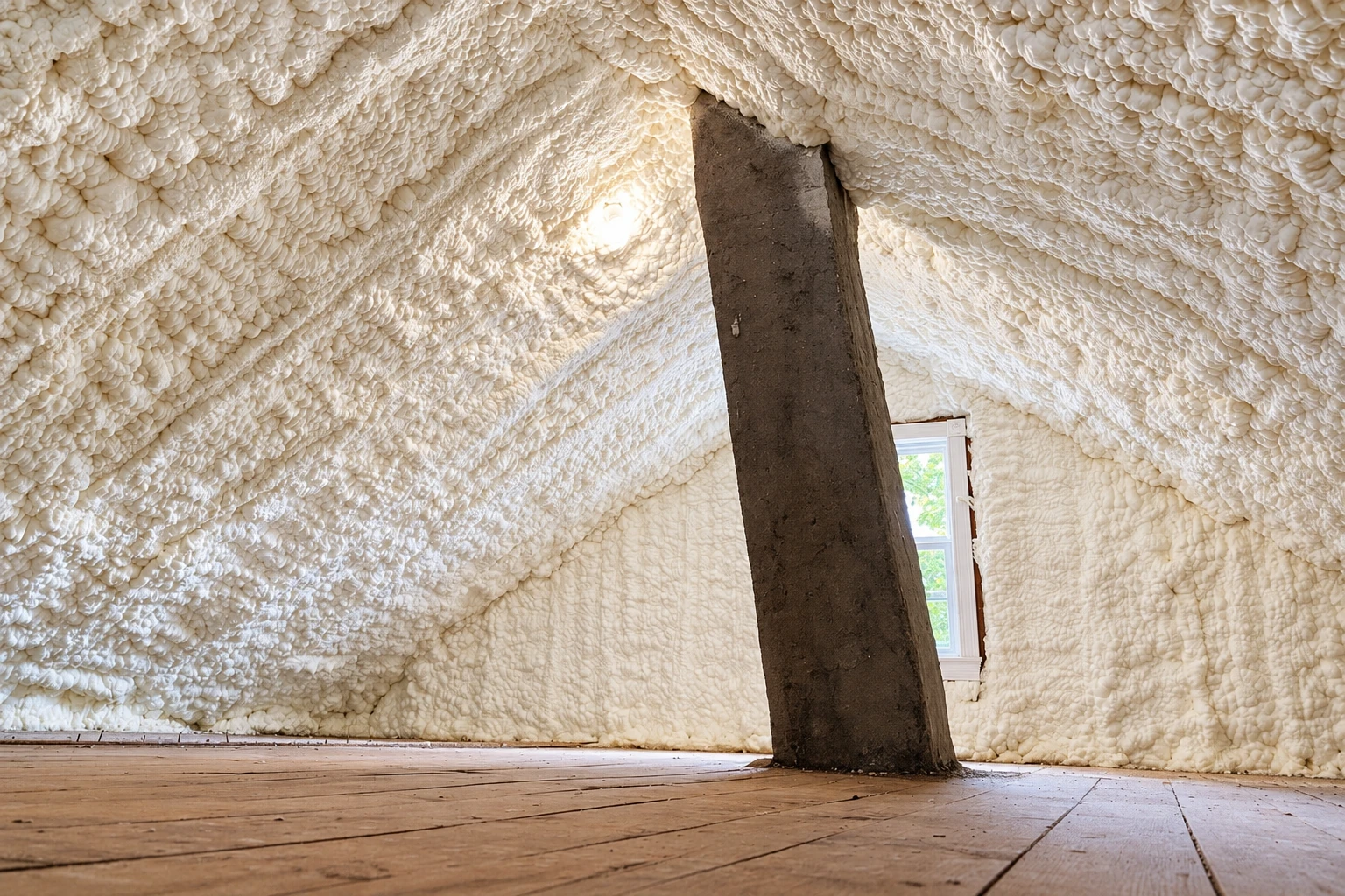 Attic walls and sloped ceiling coated in white spray foam around a dark support beam and small window.