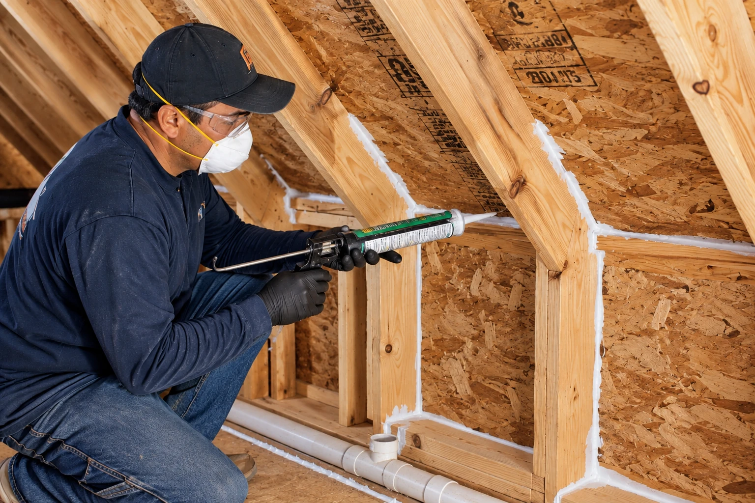A worker in protective gear applies foam sealant along attic framing with a caulking gun.