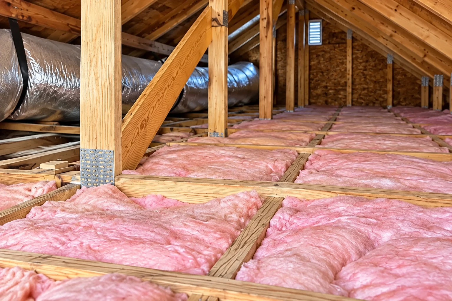 Pink insulation batts cover the attic floor between wooden joists beneath exposed roof framing.