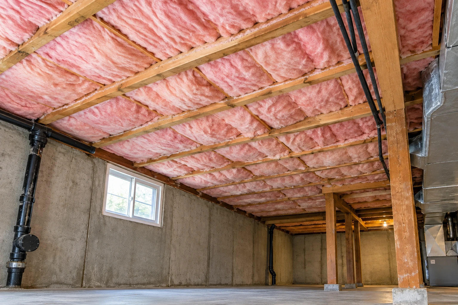 Basement with pink fiberglass batts fitted between ceiling joists above concrete walls and floor.