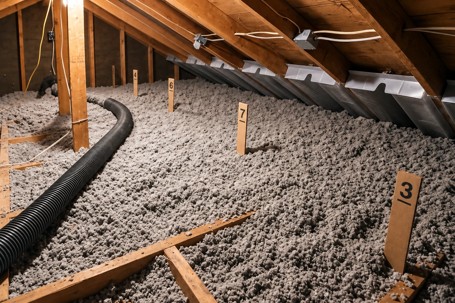 Loose gray blown-in insulation covers an attic floor beneath wooden rafters and ventilation baffles.