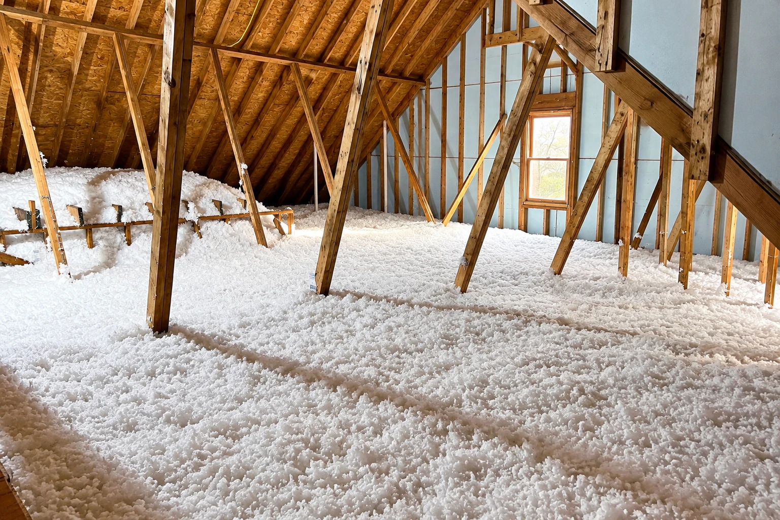 Blown-in insulation covers the floor of a spacious attic beneath exposed wooden roof trusses, with a small window in the far wall.