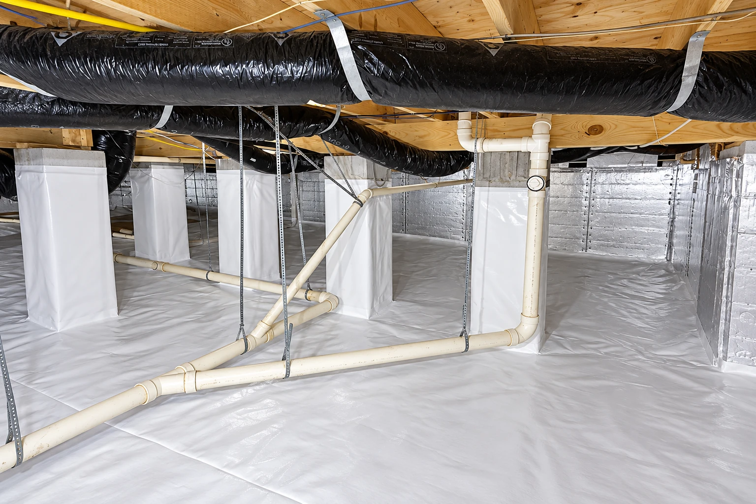 Crawl space with a white floor vapor barrier, insulated black ducts, exposed joists, and plumbing pipes.