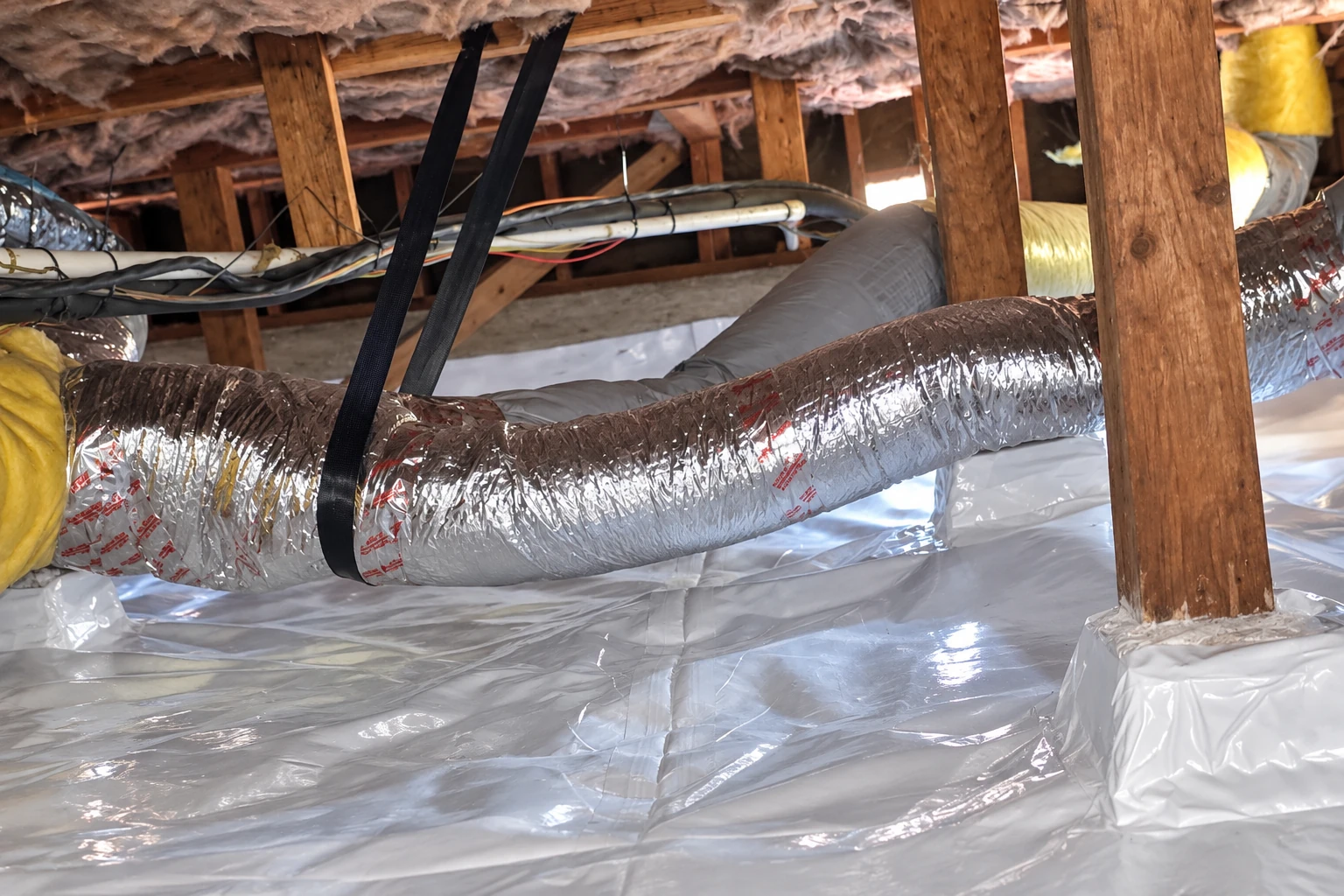 Crawl space with plastic vapor barrier on the ground, exposed joists, insulation, and large silver flexible ducts.