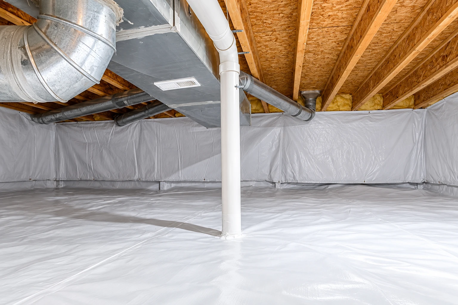 A crawl space has white vapor barrier covering the floor and lower walls beneath exposed joists and ductwork.