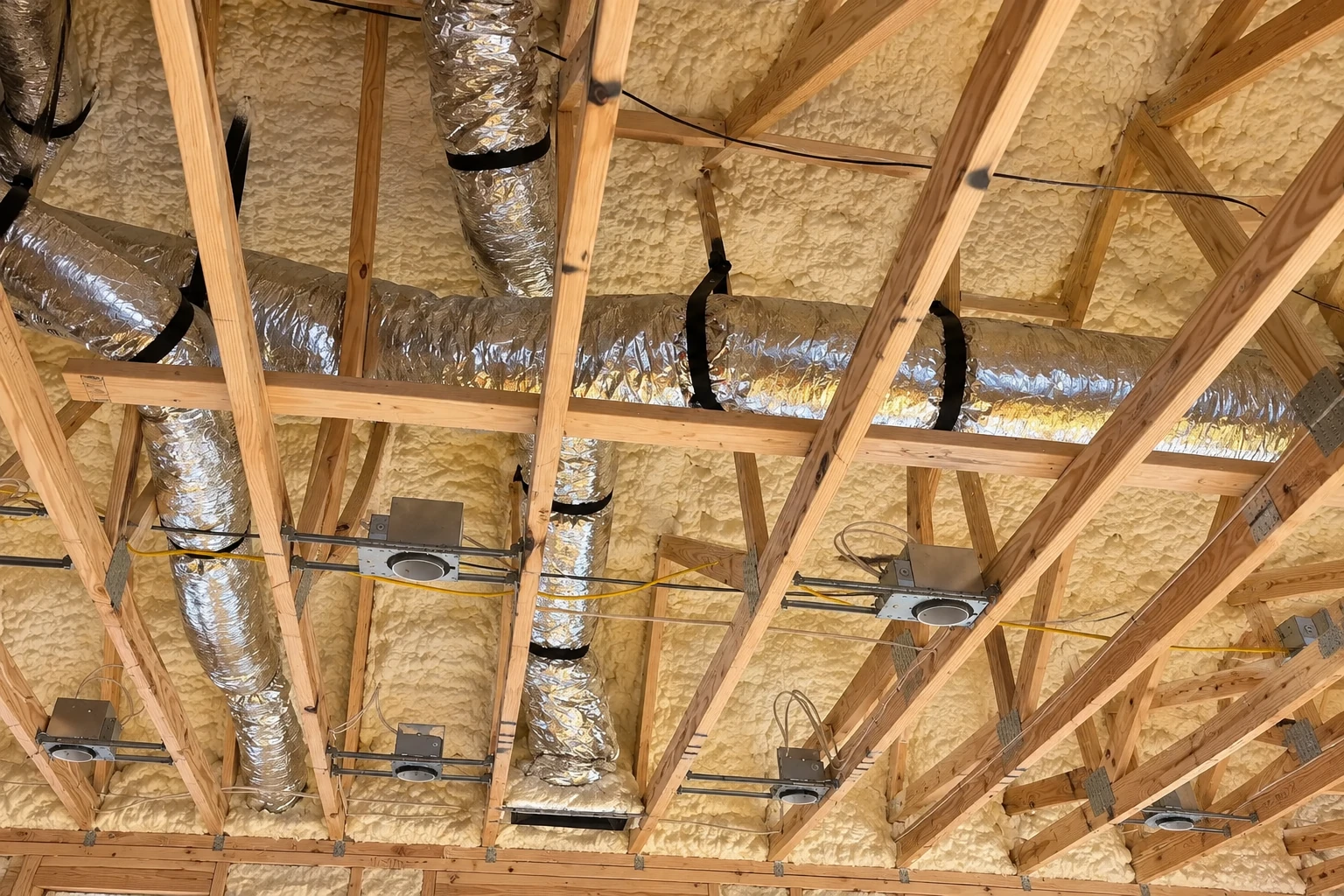 Spray foam insulation coats the roof underside around exposed timber framing, silver ducts and ceiling fixtures.