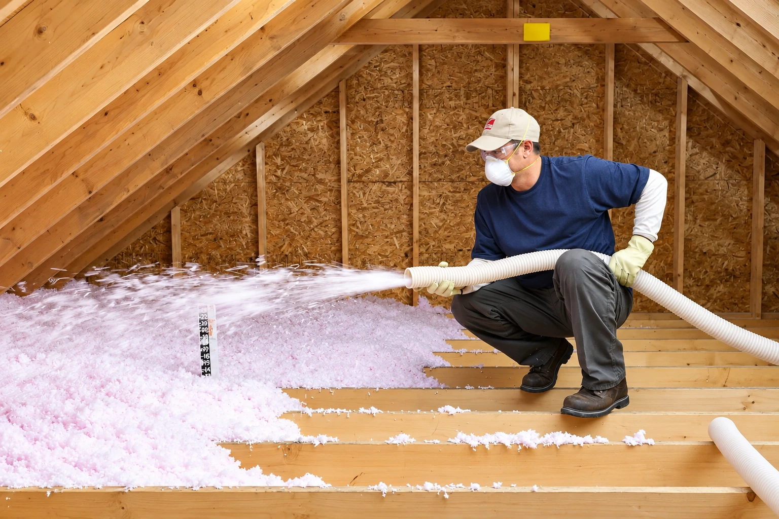 Worker wearing a mask and gloves blows pink loose-fill insulation across an attic floor through a flexible hose.