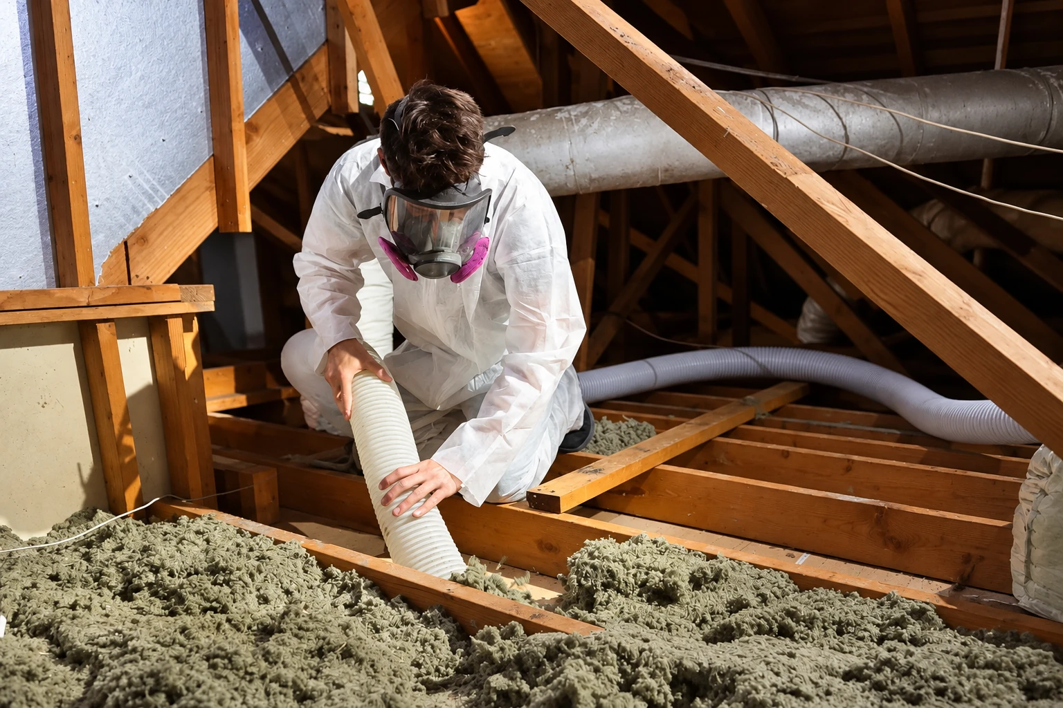 Worker in protective coveralls and a respirator uses a hose to remove loose attic insulation.