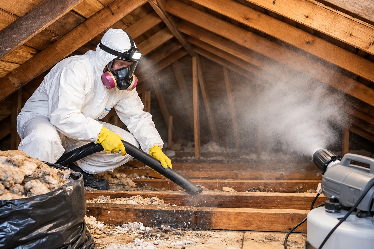 A worker in protective gear vacuums loose attic insulation into a hose amid drifting dust.