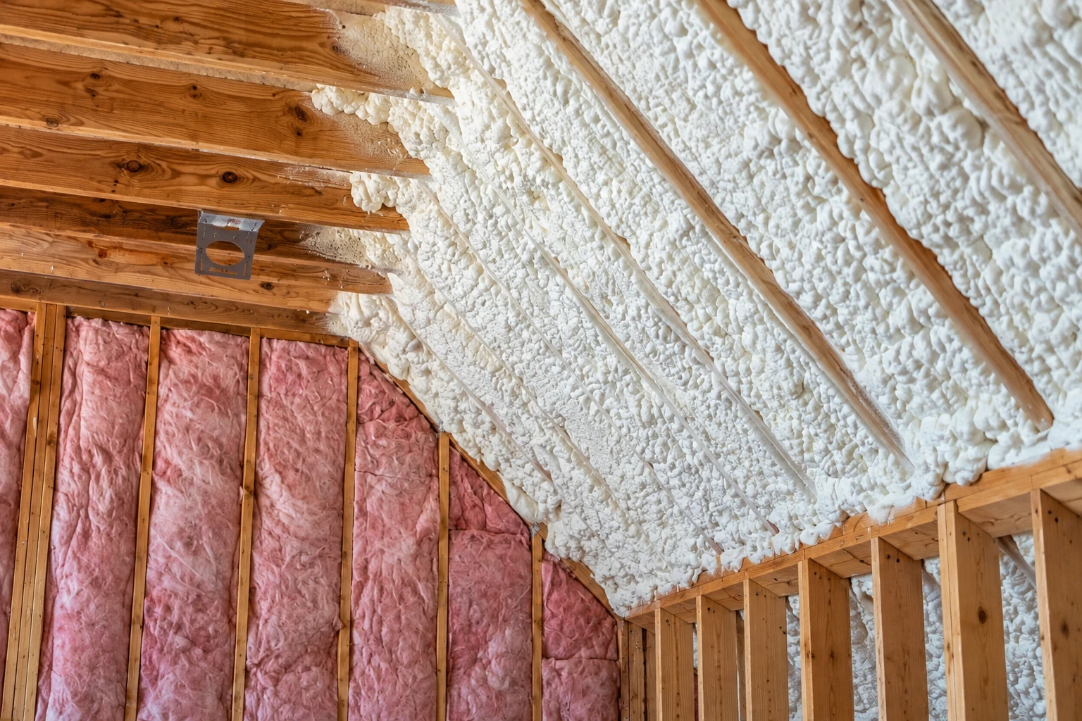 Open-cell foam insulation fills the sloped roof framing of an attic, above pink batts in the walls.