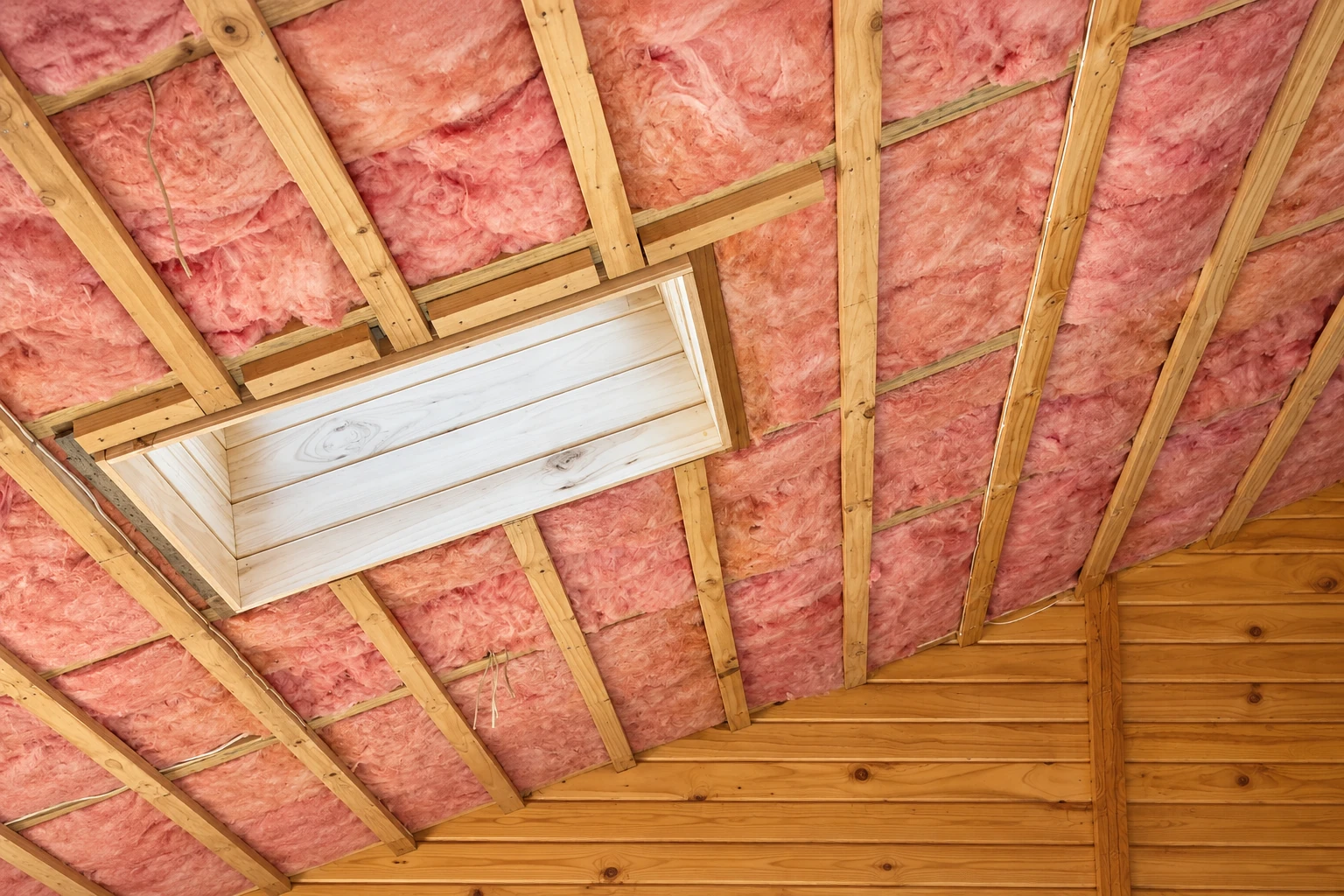Pink fiberglass insulation fills the exposed roof rafters around a rectangular attic hatch.