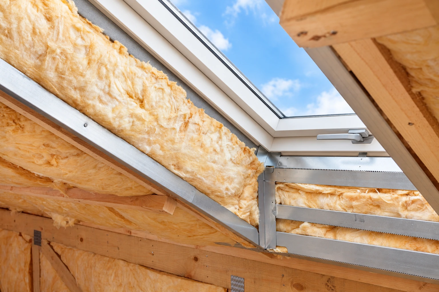 Yellow fiberglass insulation lines the roof framing around an open skylight.