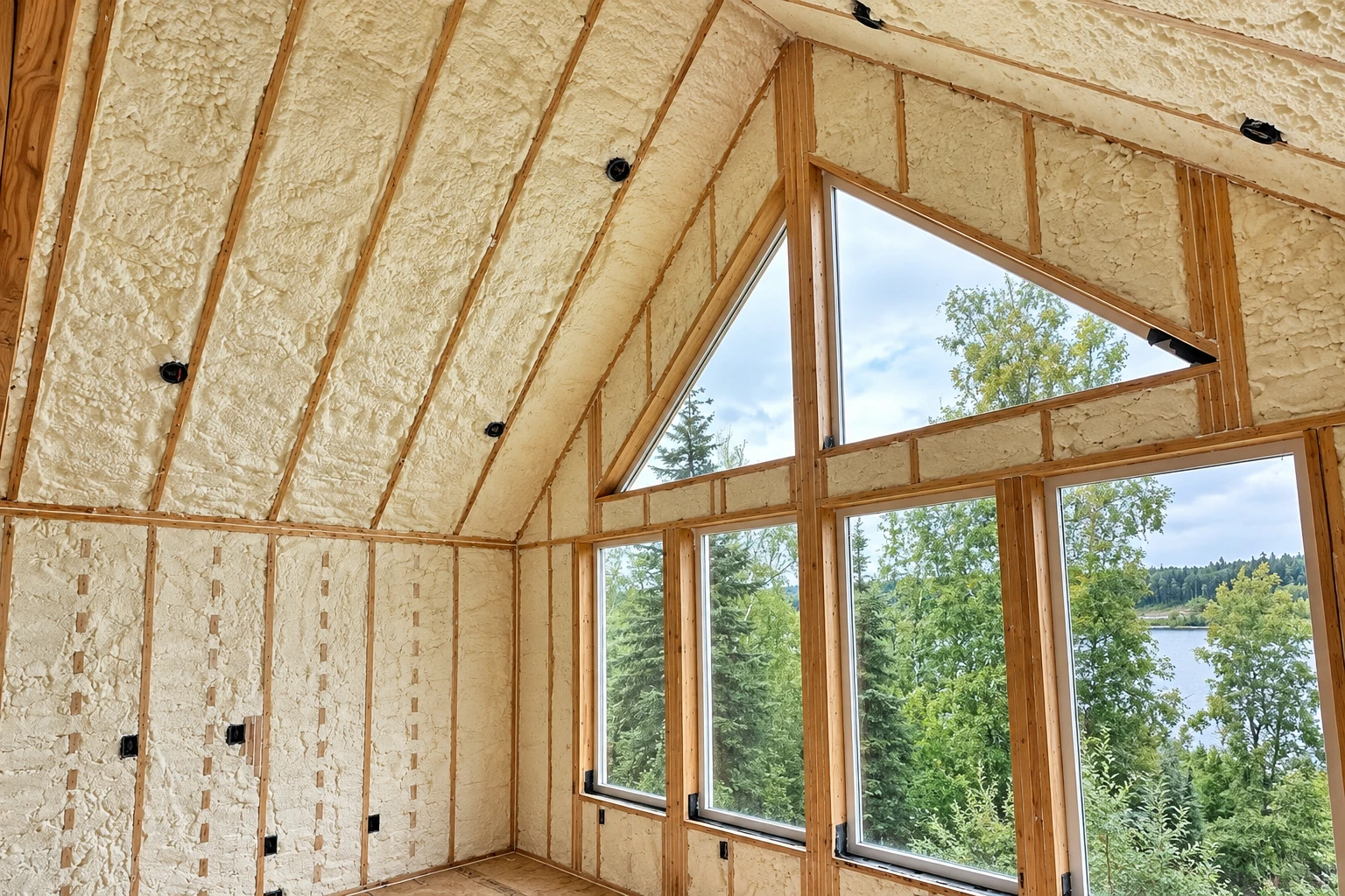 Spray foam insulation fills the walls and steep ceiling of a timber-framed room with large windows.