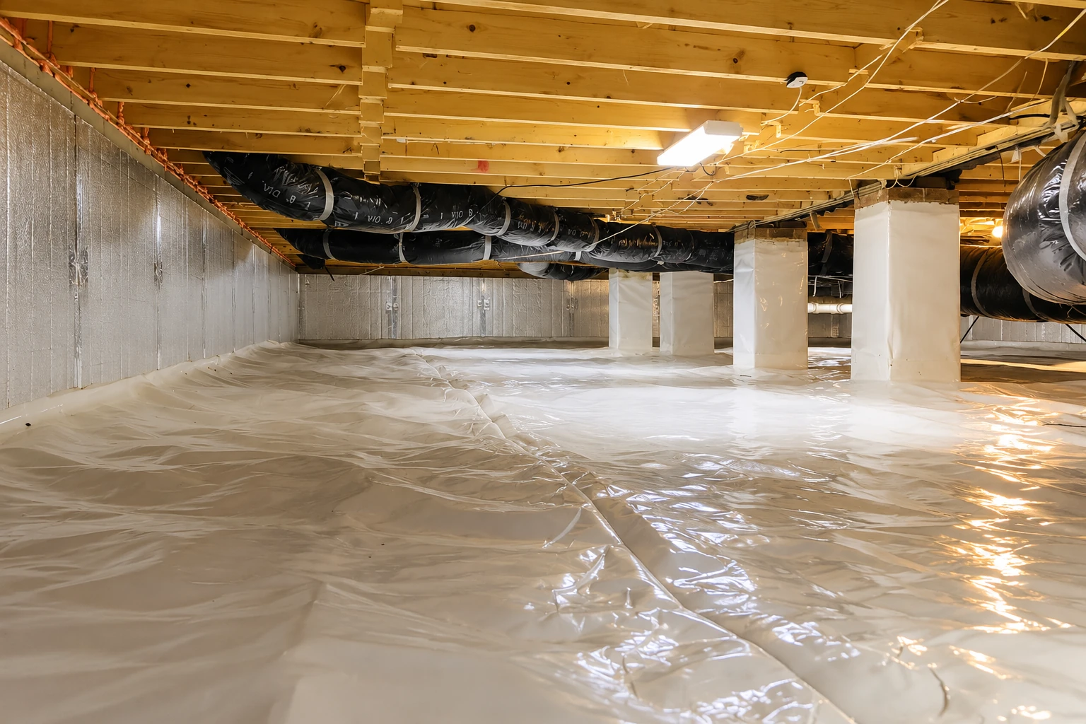 White vapor barrier sheeting covers the floor and wrapped supports of a crawl space beneath wood joists and black ductwork.