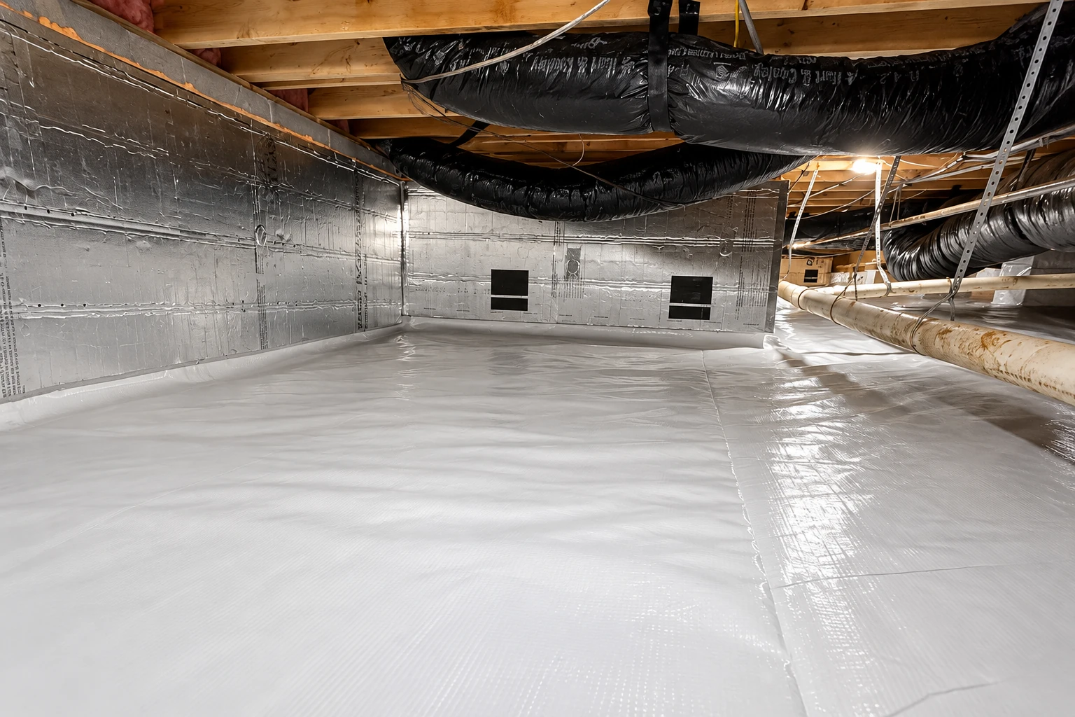 A crawl space has a white vapor barrier covering the floor, with reflective insulation on the walls and black ducts overhead.