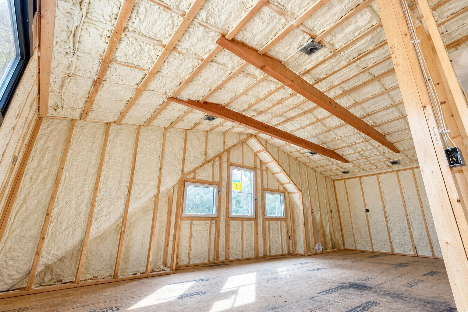 Unfinished room with spray foam insulation covering the walls and roof between exposed wooden framing.