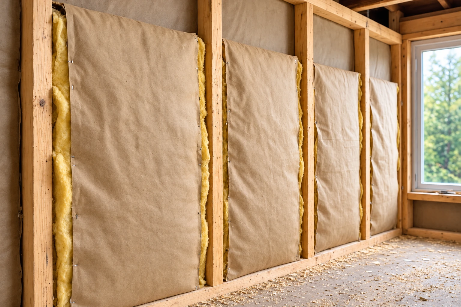Kraft-faced yellow insulation batts are fitted between exposed wooden wall studs beside a window.